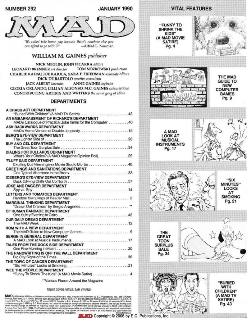 MAD #292 contents page