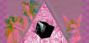 hit rendition cover crop, angels around a pink triangle with a black cube inside