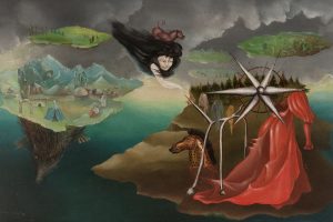 A black haired woman flies above an island landscape from which emerges a horse's head and a turbine.