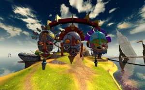 Three floating metallic heads that resemble African masks above a grassy though arid landscape.