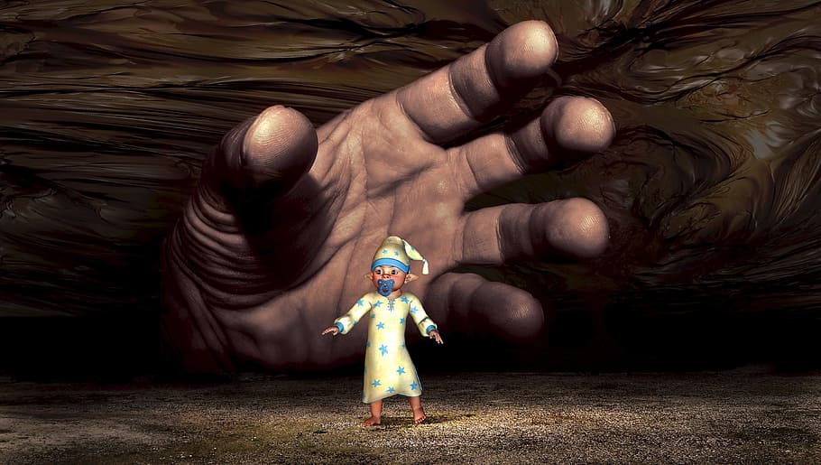 A giant GCI hand reaches out to grab a CGI baby