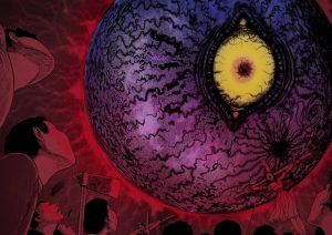 A manga image in which a monstrous celestial orb with a yellow eye looms over terrified people.