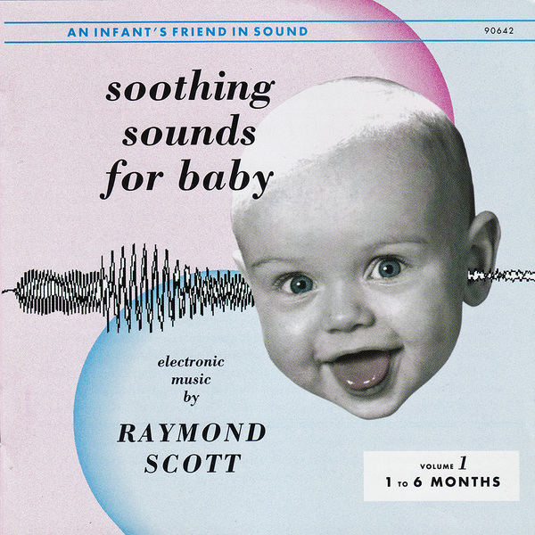 A collaged image of baby's disembodied head on a blue and pink swirl background with a sound wave going through the baby's ear.