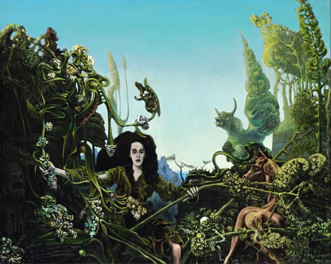 A wet and verdant surrealist landscape with a woman in a green vegetable dress emerging.