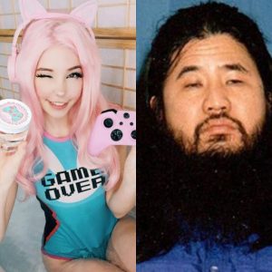 split picture of Belle Delphine and Shoko Asahara from Aum Shinrikyo