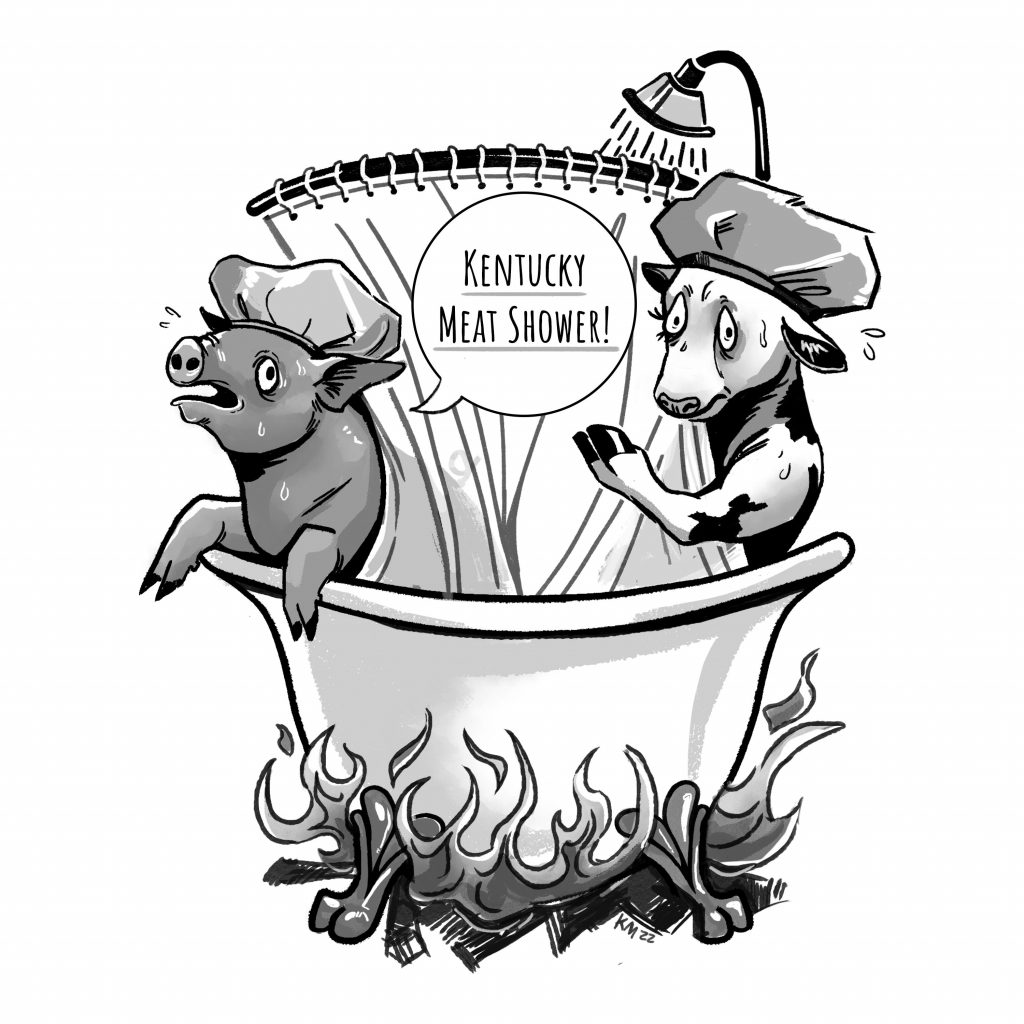 A cow and a pig showering together in a bathtub that has a fire built under it with shower caps on. They're both concerned.