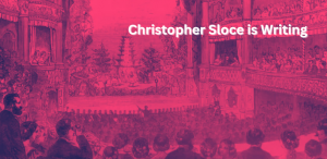 inside of richmond theatre before it burnt to a crisp, with white lettering reading CHRISTOPHER SLOCE IS WRITING