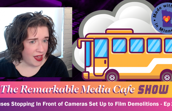 Buses Stopping in Front of Cameras Set Up to Film Building Demolitions