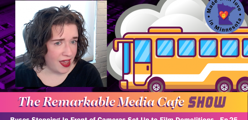 Buses Stopping in Front of Cameras Set Up to Film Building Demolitions